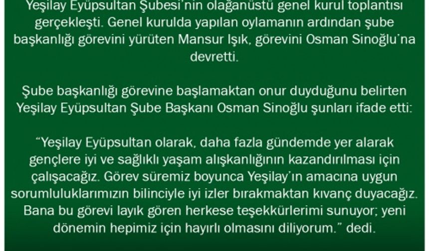 Yeşilay Eyüpsultan Yeni Şube Başkanı Osman Sinoğlu oldu