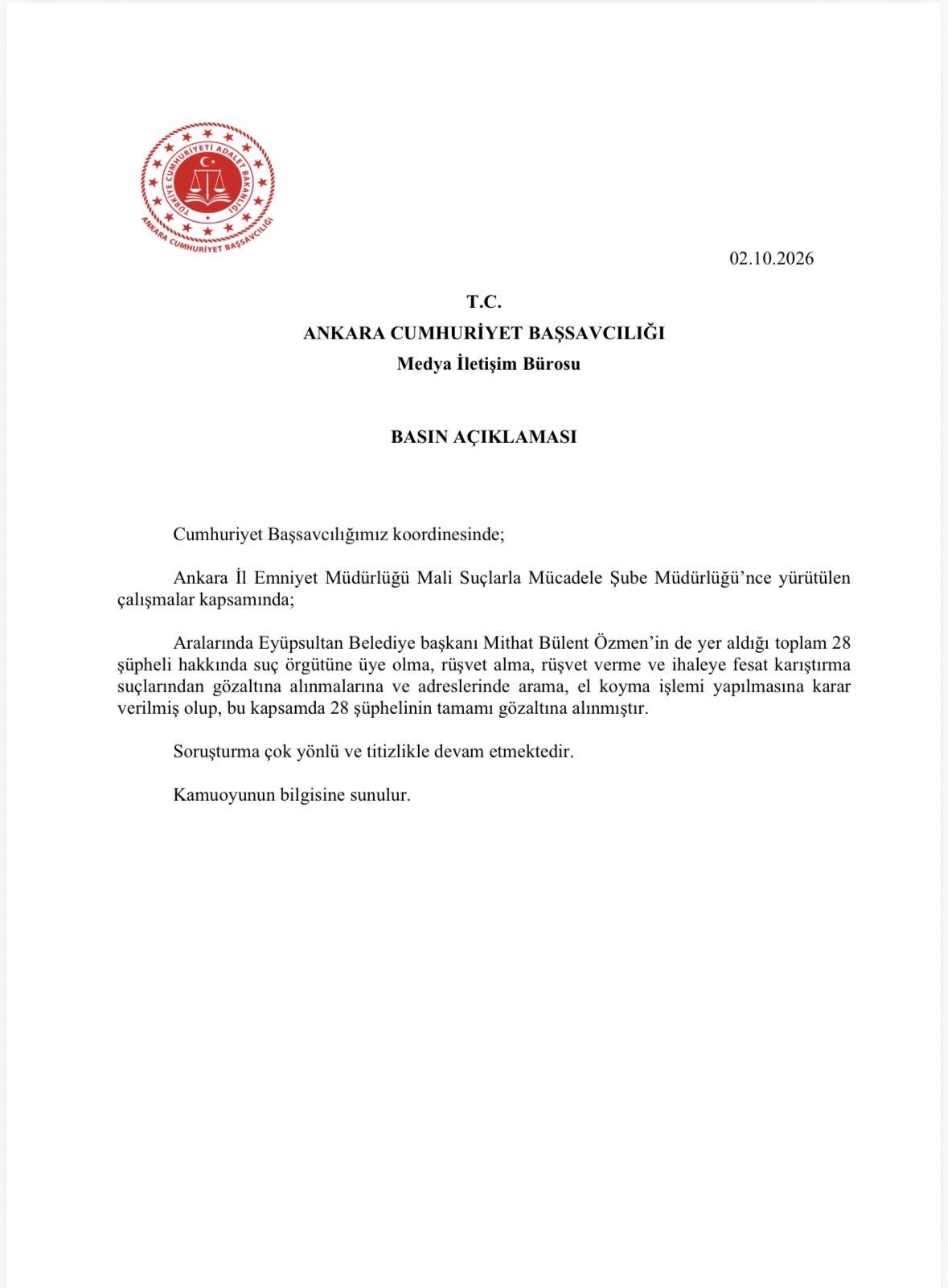 Ankara Cumhuriyet Başsavcılığı’nın 2 Ekim 2026 tarihli basın açıklaması